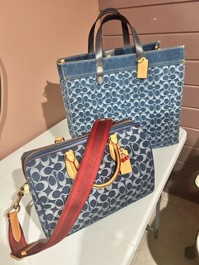 Coach Denim Signature Tote and Satchel Set with Red Strap